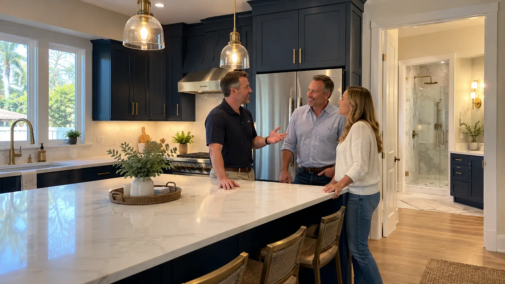 Remodeling consultation in a kitchen with navy cabinets, white marble-look island and a bathroom visible beyond