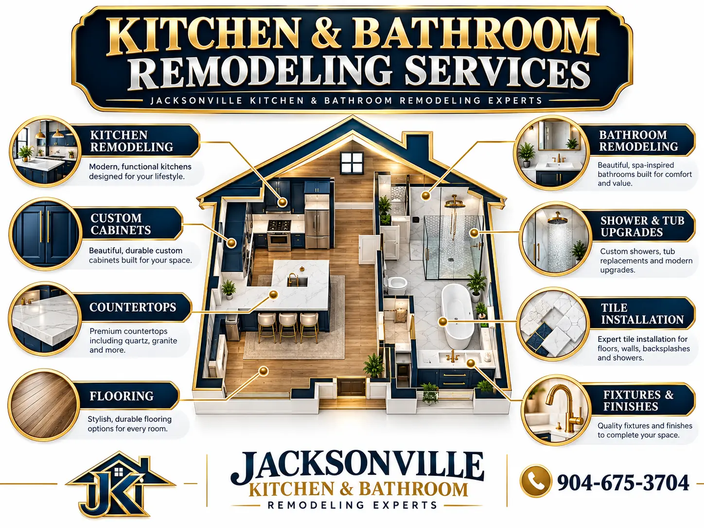 Kitchen and bathroom remodeling services diagram: kitchen remodeling, custom cabinets, countertops, flooring, bathroom remodeling, shower and tub upgrades, tile installation and fixtures
